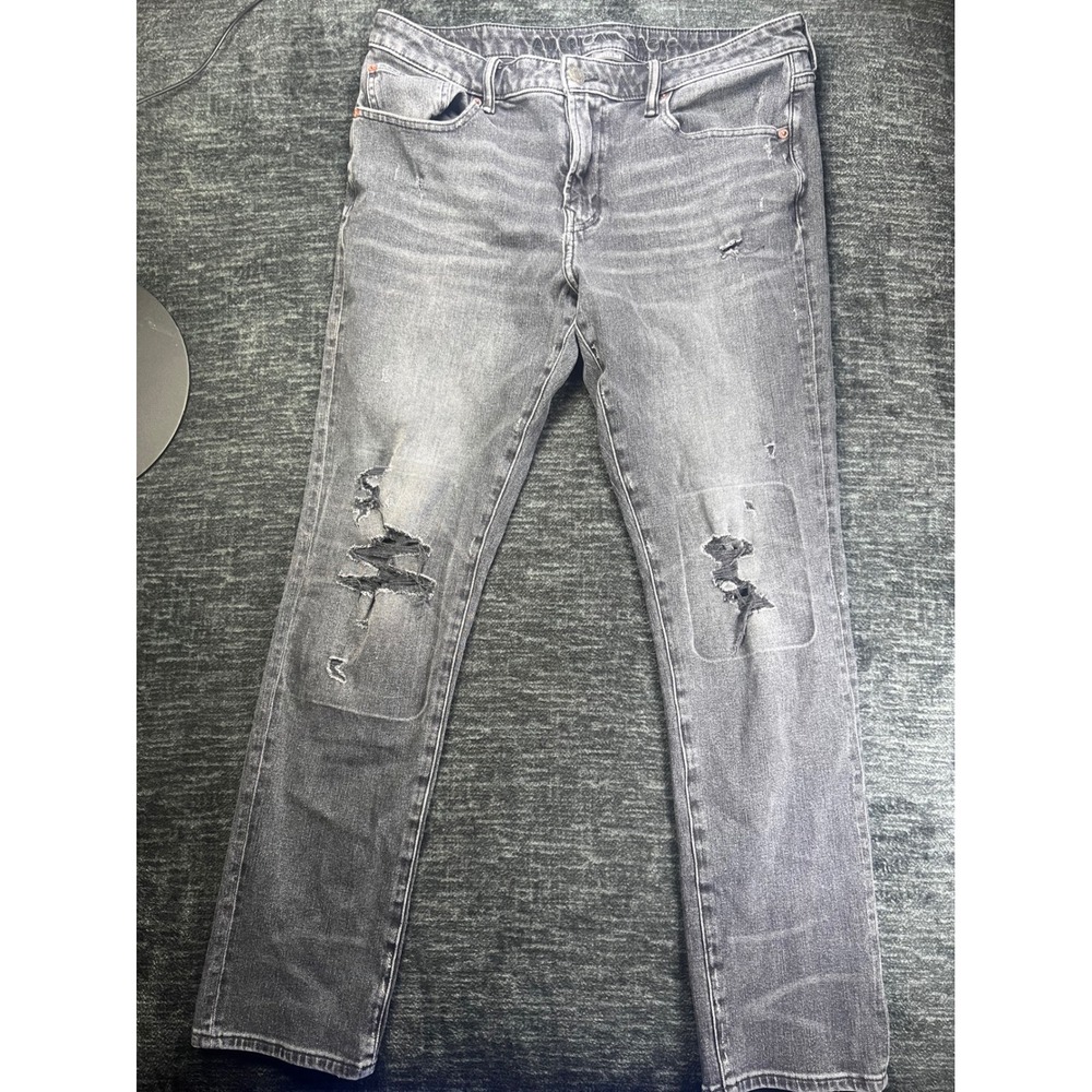 American Eagle Airflex 360 Jeans Mens 36x32 Gray Slim Distressed Ripped Denim